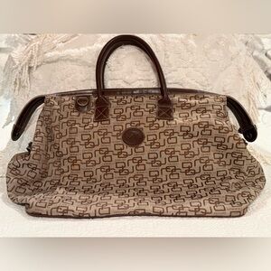 David Jones tan logo jacquard and brown leather signature weekender bag